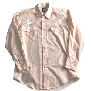 Karman Western Pearl Snap Shirt Peach Embroidered Floral Yoke Long‎ Sleeve